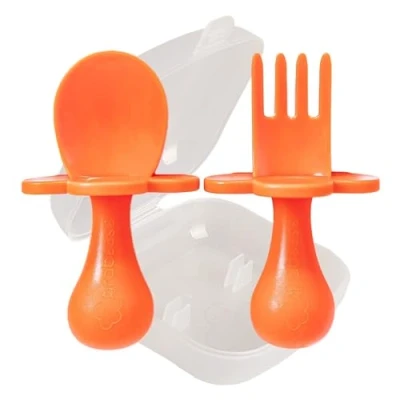 Image of Grabease Baby and Toddler Self Feeding Utensils Spoon Fork Set for Led Weaning Made of Non Toxic Plastic Featuring Protective Barriers to Prevent Choking Gagging