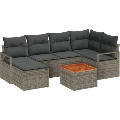 Image of vidaXL 7 Piece Garden Sofa Set with Cushions Grey Poly Rattan Acacia