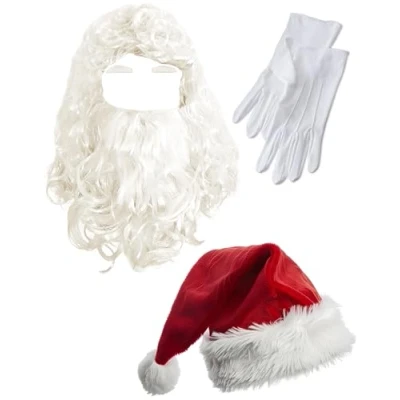 Image of Dreamzfit Adult Sant Claus White Wig w/Beard and Eyebrows, Santa Hat &amp; Gloves Xmas Father Christmas Fancy Dress Costume Accessory