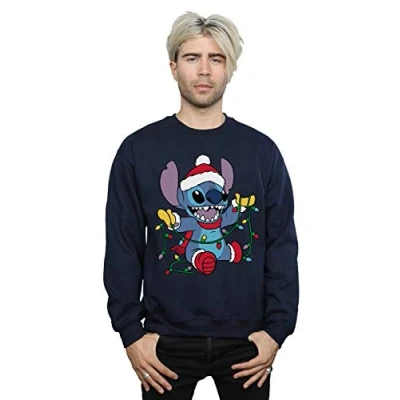 Image of Disney Men&#039;s Lilo and Stitch Christmas Lights Sweatshirt Navy Blue Large