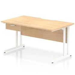 Image of Impulse 1400 x 800mm Scalloped Edge Straight Office Desk Maple Top White Cantilever Leg Workstation 1 Drawer Fixed Pedestal