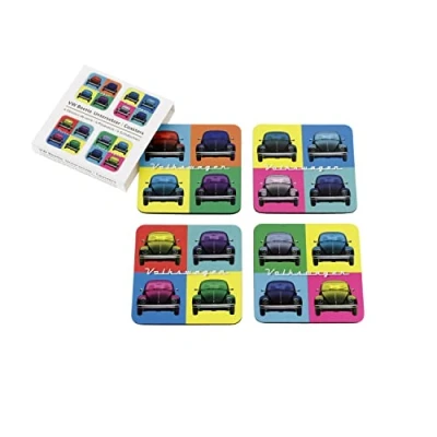 Image of BRISA VW Collection Volkswagen Drink Glass Cork Coasters with MDF Coating and Beetle Bug Design (4 Piece Set/Multicolor)