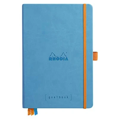 Image of RHODIA 118777C Turquoise Bullet Journal Goalbook Rigid Notebook A5 Dotted Dot 240 Pages 90g Ivory Clairefontaine Paper 3 Ribbons, Elastic Closure Faux Leather Cover