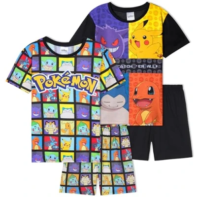 Image of Get Trend Pokemon PJs Boys 2 Pack Pyjamas Set Anime Short Kids Teens Pikachu Lounge Sets Nightwear Sleepwear Gifts (13 14 Years, Multi Pokemon, 2)