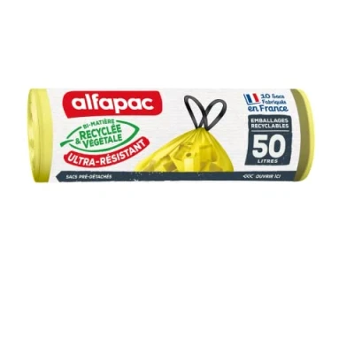 Image of Alfapac Bin Liners with Drawstring Heavy Duty Recyclable Packaging Sorting (excluding Glass) 76% Recycled and 15% Vegetable Made in France 10 x 50L, Green