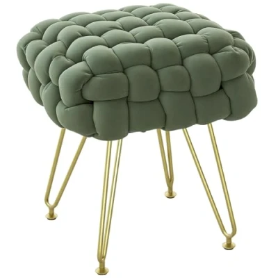 Image of HOMCOM Modern Foot Stool, Woven Velvet Footstool with Metal Legs, Padded Seat for Living Room, Bedroom, Entryway, Dark Green