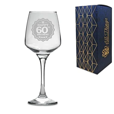 Image of Novelty Engraved/Printed Tallo Wine Glass Happy 60th Birthday Engraved with Message