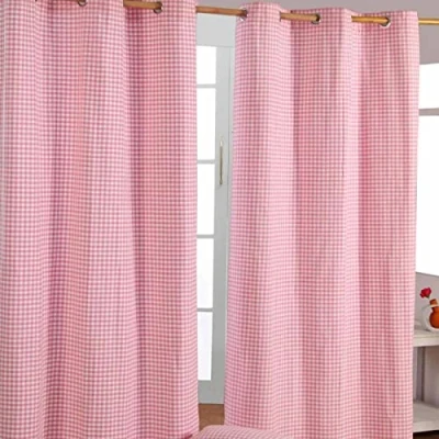Image of HOMESCAPES Pink Gingham Check Eyelet Curtain Pair 100% Cotton 117cm (46) Wide x 137cm (54) Drop