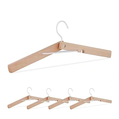 Image of Relaxdays Coat, Set of 5, Wood, Foldable Hanger, Clothes Hooks, W: 44 cm, Gardrobe Organiser, Natural/White, 15.5 x 4 cm