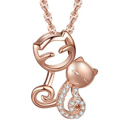 Image of Yumilok Jewelry 925 Sterling Silver Cubic Zirconia Rose Gold Plated Lovely Cats Kitties Couple Pendant Necklace for Women/Girls