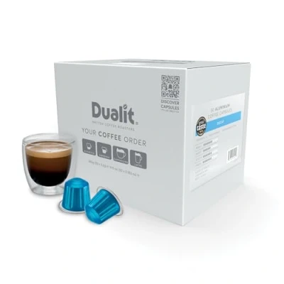 Image of Nespresso® Compatible* Decaf Recyclable Aluminium Coffee Capsules by Dualit 50 Pack 5 X 10 Pk Servings of Premium Eco Friendly Pods 100% Decaffeinated