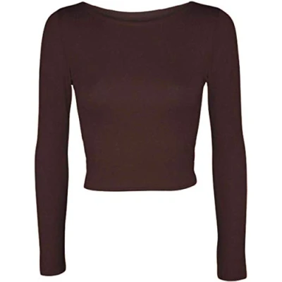 Image of Womens Crop Long Sleeve T Shirt Ladies Short Plain Round Neck Top Brown 12 14
