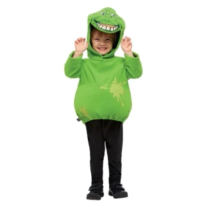 Image of Smiffys Ghostbusters Slimer Costume for Kids, Top and Character Hood in Green, Officially Licensed with Logos, Perfect Halloween, Families, 80s Theme Fancy Dress Parties