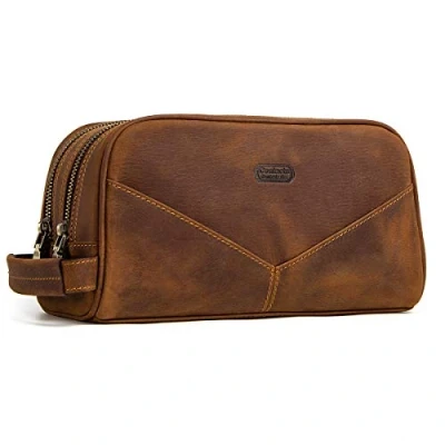 Image of Contacts Men&#039;s Genuine Leather Double Zipper Toiletry Bag Travel Bottle Kit, Brown 1, Einheitsgröße, Suitcase