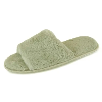 Image of Thingimijigs Ladies Mule Slippers Fluffy Faux Fur Open Toe Sliders Sage 7 8