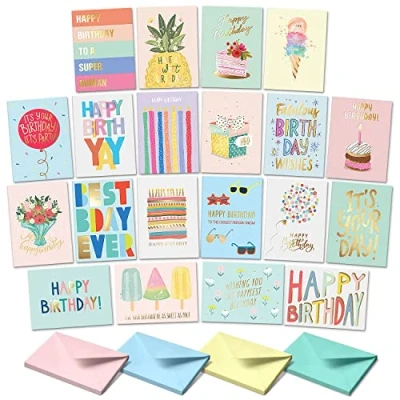 Image of S&amp;O Happy Birthday Cards with Envelopes and Card Assortment Box. Fun Set of 20 Assorted Envelopes, Bulk Greeting II