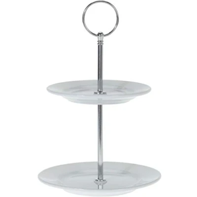 Image of Excellent Houseware 2 Tier Round Cake Stand Ceramic White 21.5cm High