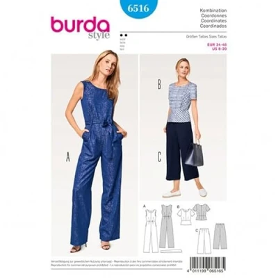 Image of Burda Ladies Easy Sewing Pattern 6516 Top, Pants &amp; Jumpsuit