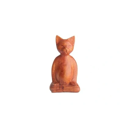 Image of Brave Wings Hand Carved Wooden Animal Meditating Cat OOAK Ornament Sculpture Figurine Statue Unique Table Decoration Home Decor Gift for Christmas and Birthdays 4127