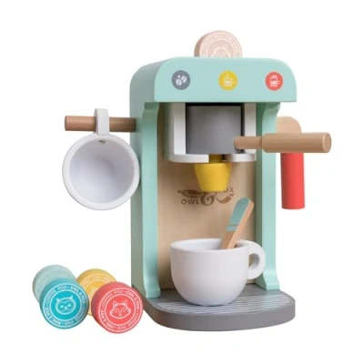 Image of Owl &amp; Fox Wooden Coffee Machine, Pretend Imaginative Play for Boys Girls, Complete with Pods, Handle, Frother, Cups, FSC Certified, Dimensions 11, x 13 20 cm (H)