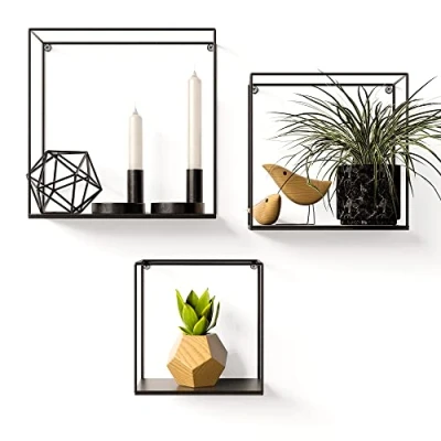 Image of Gadgy Metal Wall shelf Industrial 3 Piece Set Black Floating Shelves Kitchen Bedroom Decorative Home Accessories