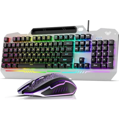 Image of AULA Keyboard, T102 104 Keys Gaming Keyboard and Mouse Combo with RGB Backlit Quiet Computer All Metal Panel, Waterproof Light Up PC USB Wired for MAC Xbox Gamer