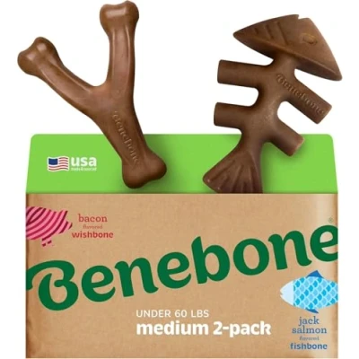 Image of Benebone 2 Pack Indestructible Fishbone/Wishbone Dog Chew Toys, Long Lasting Tough Boredom Breaker For Dogs, Real Salmon and Bacon Flavour, Medium Made in USA