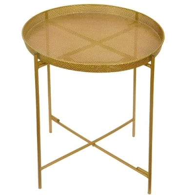 Image of Trendi Golden Metal Side Table with Gold Perforated Tray Top Versatile Round End and Nightstand Stylish Living Room Furniture for Displaying Home Decor (H) 48cm