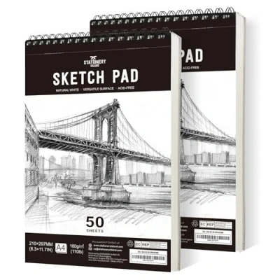 Image of STATIONERY ISLAND Sketch Pad, A4 Book 180 g/m² Thick Paper, 100 Pages / 50 Sheets Spiral Bound Sketchbook 2 Packs