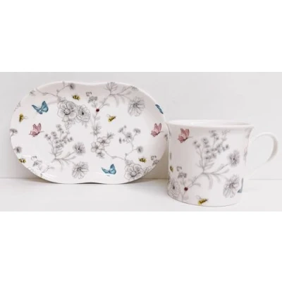 Image of Secret Garden TV Tray Bone China Flowers Butterflies Bees Mug 250 ml 8 fl oz and Hand Decorated UK
