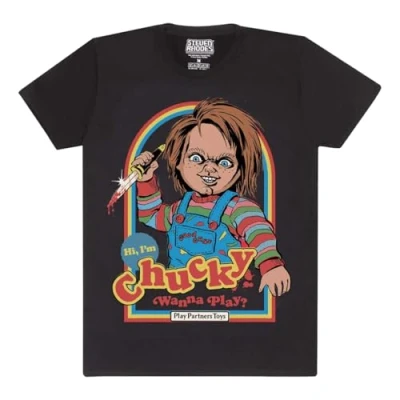 Image of Heroes Inc. Steven Rhodes &#039;Chucky Wanna Play&#039; (Black) T Shirt (UK, Alpha, XXL, Regular, Black)