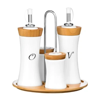 Image of Premier Housewares 1103947 4 Piece Bamboo/Ceramic Concave Condiment Set,White,H19 x W19 D9cm