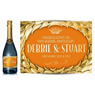 Image of Personalised Gold Laurel Champagne Label Birthday, Wedding, Engagement, Anniversary, Hen Night, Congratulations, Any Occasion You Choose (Gold/Orange)