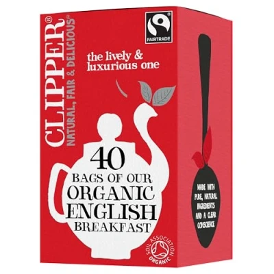 Image of Clipper Fairtrade Organic English Breakfast Tea Bags Black Natural, Unbleached, Plant Based Biodegradable &amp; Sustainable Teabags Eco Conscious, Non GM Fair Trade (40 Teabags)