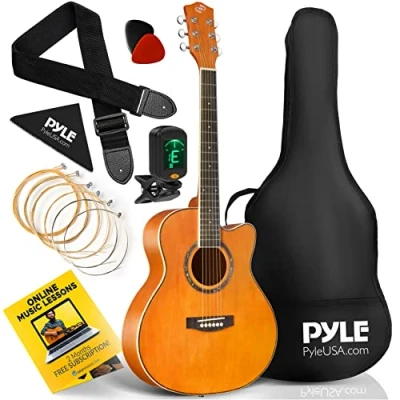 Image of Pyle 6 String Acoustic Guitar Beginner Starter Kit Guitarra Acustica Bundle Pack with Cutaway Body Set for Students Practice, Kids, Adults, Right, Orange (PGA550CAOR)