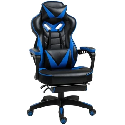 Image of Vinsetto Computer Gaming Chair, Racing Desk Chair with Lumbar Support and Footrest, PU Leather Gamer Headrest Swivel Wheels for Home, Blue