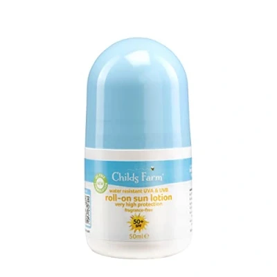 Image of Childs Farm Kids And Baby Sun Lotion Roll On SPF 50plus Water Resistant UVA UVB Very High Protection Suitable Dry, Sensitive Eczema prone Skin 50ml, White, 1, 85.65 Grams