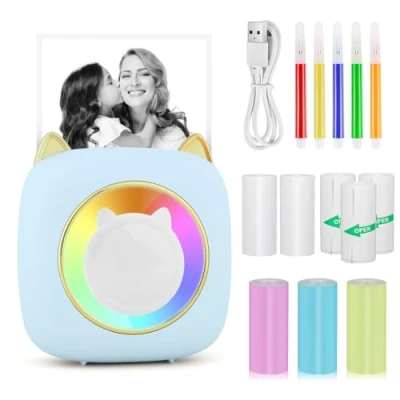 Image of GuKKK Mini Printer, Mobile Photo Portable Printer with Seven Colours LED, Wireless Thermal Smartphone Bluetooth for Learning Aid, Notes,