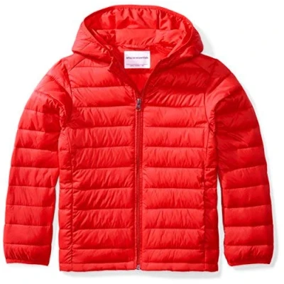 Image of Amazon Essentials Boys&#039; Lightweight Water Resistant Packable Hooded Puffer Jacket, Red, 11 12 Years