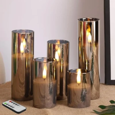 Image of Eywamage Slim Grey Glass LED Candles with Remote D 2&quot; H 3&quot; 4&quot; 5&quot; 6&quot; 7&quot; Flickering Realistic Flameless Battery 5 Pack