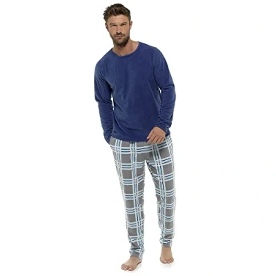 Image of Undercover Mens Fleece Pyjamas HT190 Navy/Grey Check Large