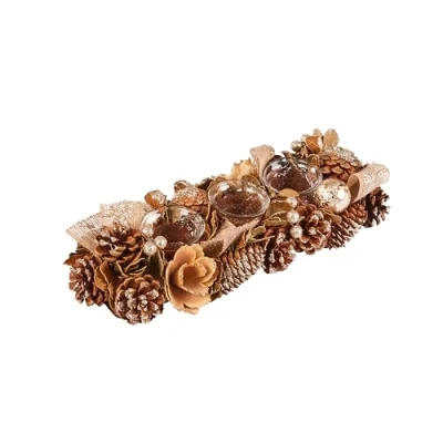 Image of Smart Garden Goldfest Trio Candle Holder Gold Pinecones, Foliage and Berries 36cm Christmas Table Décor Festive Xmas Decoration
