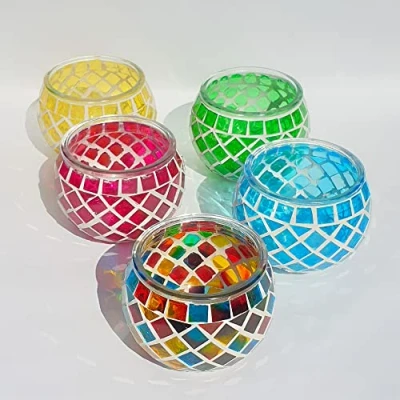 Image of Mosaic Glass Candle Holder Vintage Jar Tealight Holders, Home Decoration with upto 8 Hour Burn Tea Light Candles (5 Pack)