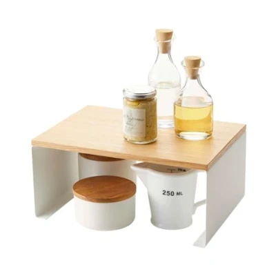 Image of YAMAZAKI Wood Top Stackable Kitchen Rack Modern Counter Shelf Organizer, Steel, White, One Size