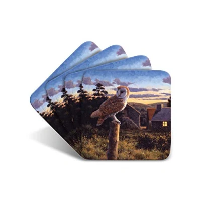 Image of Barn Owl at Dusk Drinks Coasters by Wildlife Artist Julian Friers Set of 4 Bird Non Slip, Cork Table