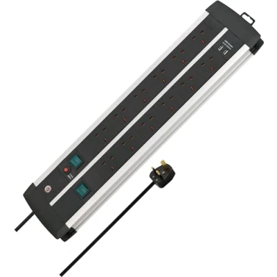 Image of Brennenstuhl Premium Duo ALU Line Technics Extension Socket with Safety Fuse Button and USB Charger 2x6 way 3m H05VV F 3G1.5 *GB*