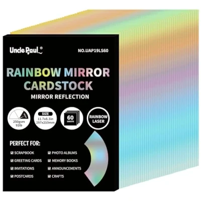 Image of A4 Rainbow Mirror Cardstock Paper, 60 Sheets 250gsm/92Ib Metallic Reflective Paper for Crafts, Color Laser Birthday Wedding Party Decoration UAP19LS60