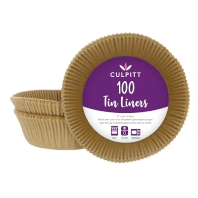 Image of Culpitt 8&quot; Cake Tin Liners, 100 Pack, Non Stick Siliconised Greaseproof Paper for Baking Cakes, Pies, Tarts, Round Air Fryer Liner, Made in The UK