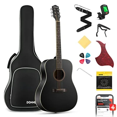 Image of Donner Acoustic Guitar Full Size 4/4 Dreadnought 41 inch Kit for Beginner with Gig Bag Capo Picks Tuner Strap Strings (Black)