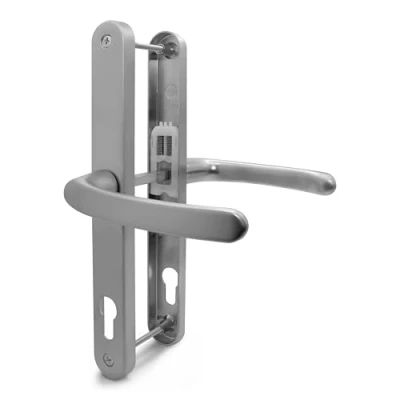 Image of TSS Silver UPVC Door Handle Pair Set, 92mm PZ (Centres), Sprung, Lever Lever, 240mm Screw to (Screw centres), Backplate 270mm x 32mm Replacement PVC in